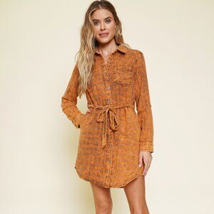 MYSTREE Burnt Orange Plaid Button Front Shirt Dress with Tie Waist